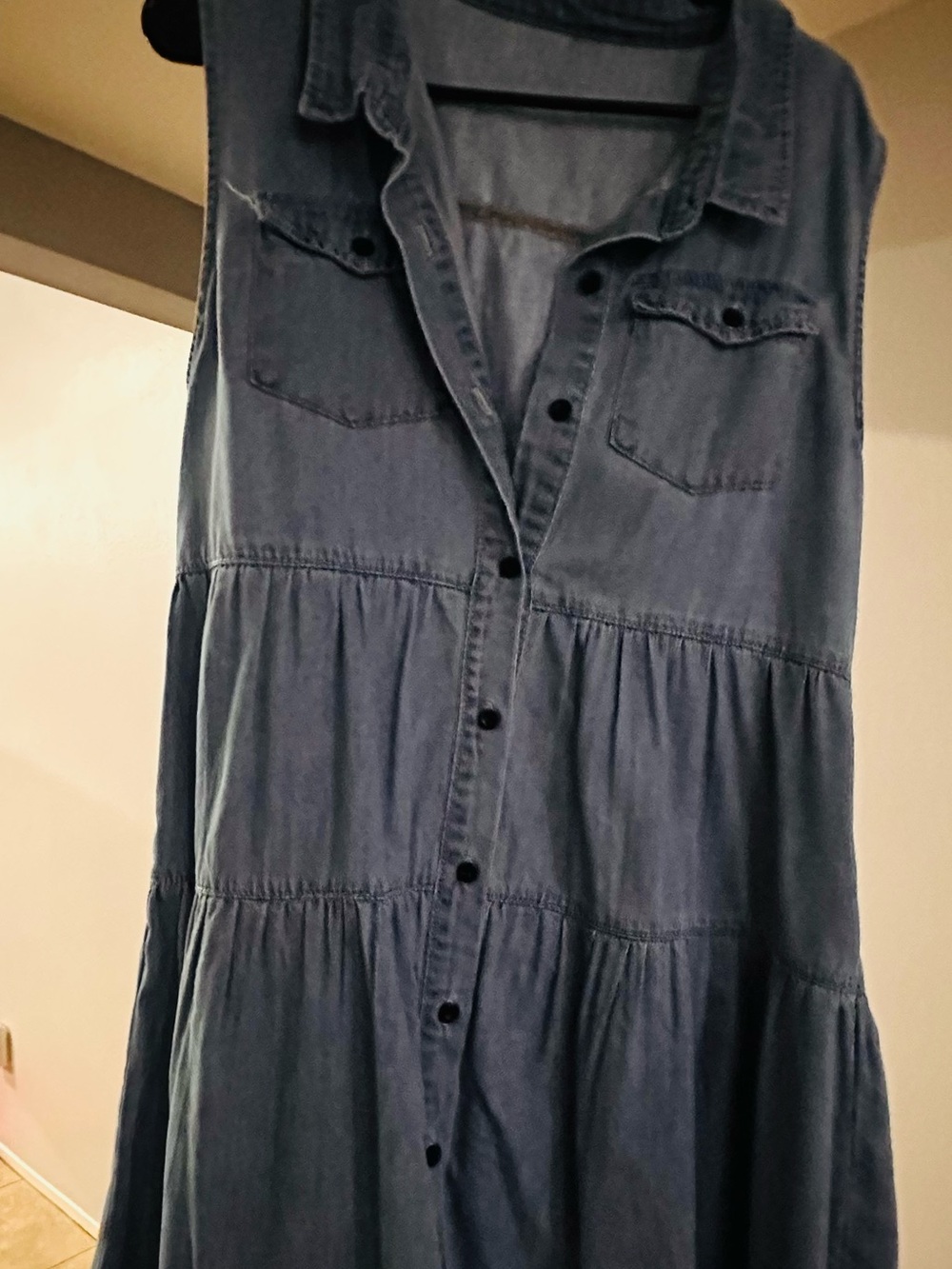 Sleeveless Button-Front Chambray Dress in Indigo Blue